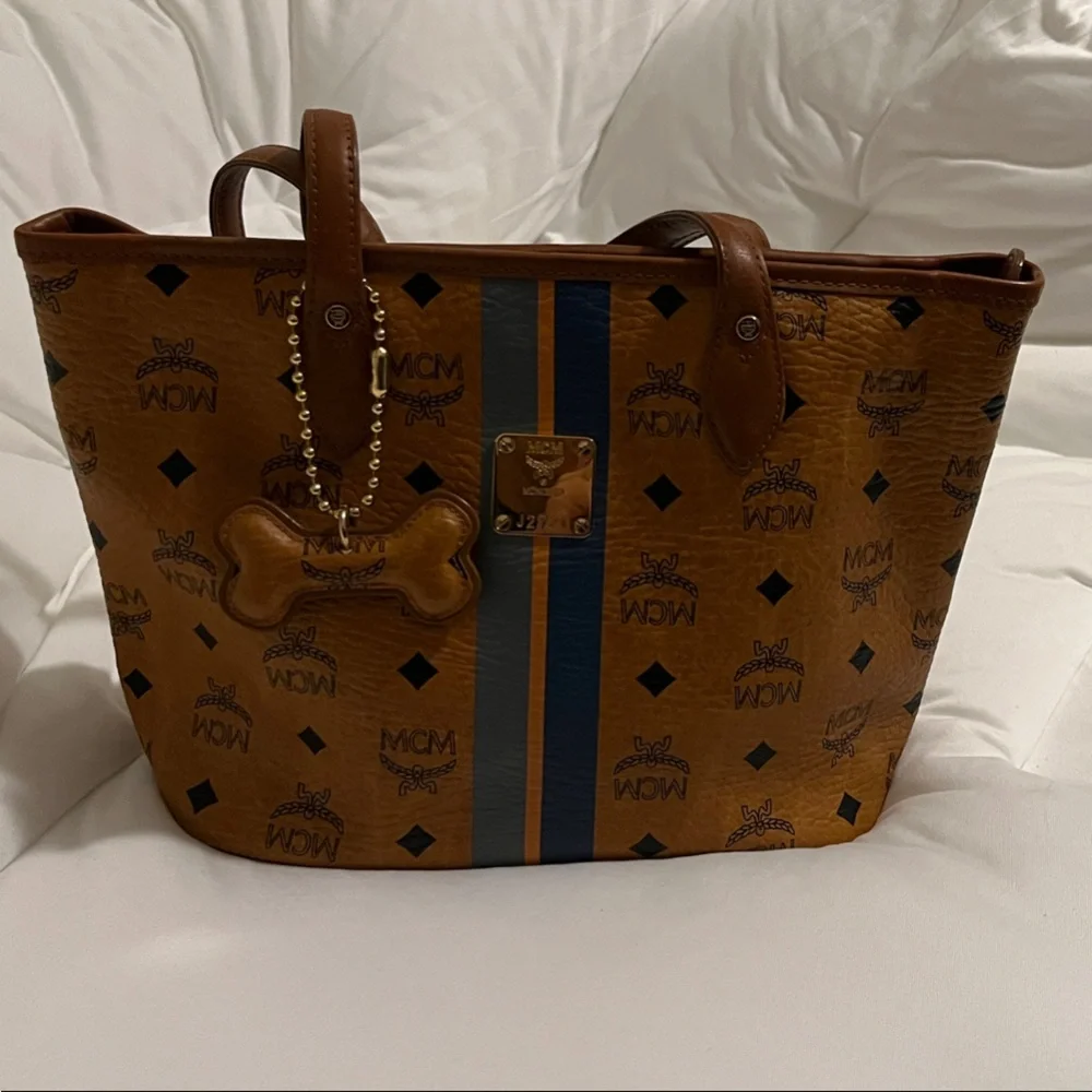 MCM Cognac Brown Visetos Small Tote with Navy and Orange Stripes